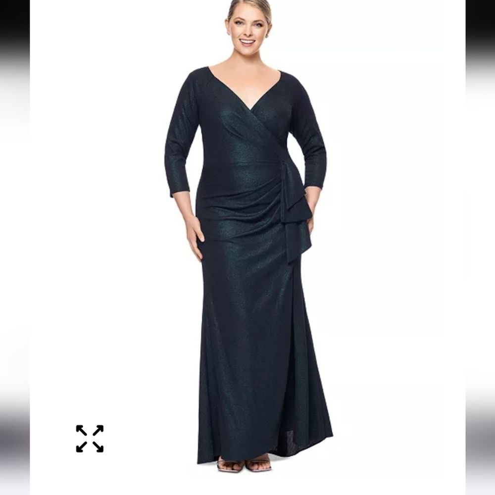 $249 XSCAPE Metallic-Threaded Gathered-Waist Dress Sz 8 Dark Green NWT